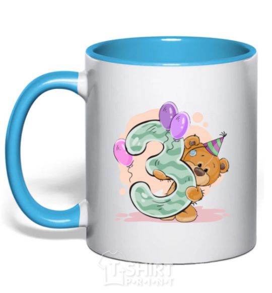 Mug with a colored handle 3 year old teddy bear sky-blue фото