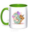 Mug with a colored handle 3 year old teddy bear kelly-green фото