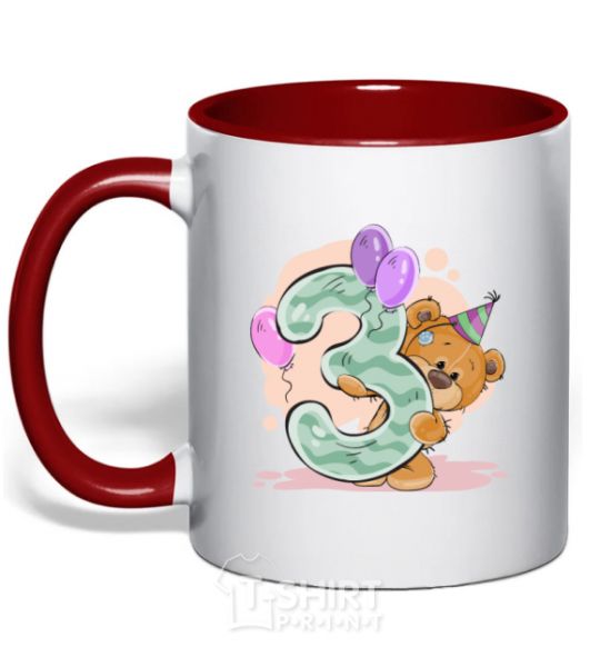 Mug with a colored handle 3 year old teddy bear red фото