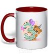 Mug with a colored handle 3 year old teddy bear red фото
