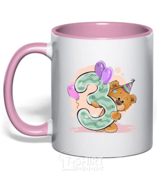 Mug with a colored handle 3 year old teddy bear light-pink фото