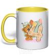 Mug with a colored handle 4 year old teddy bear yellow фото