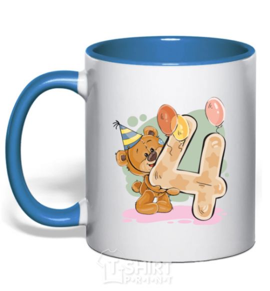 Mug with a colored handle 4 year old teddy bear royal-blue фото