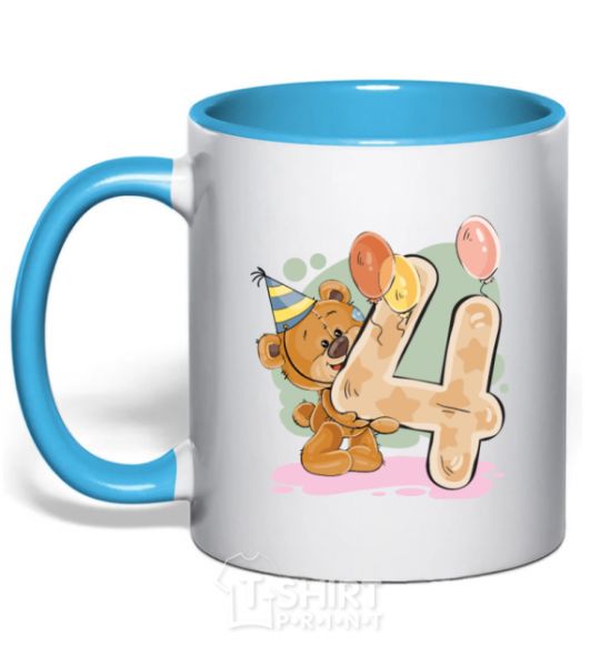 Mug with a colored handle 4 year old teddy bear sky-blue фото