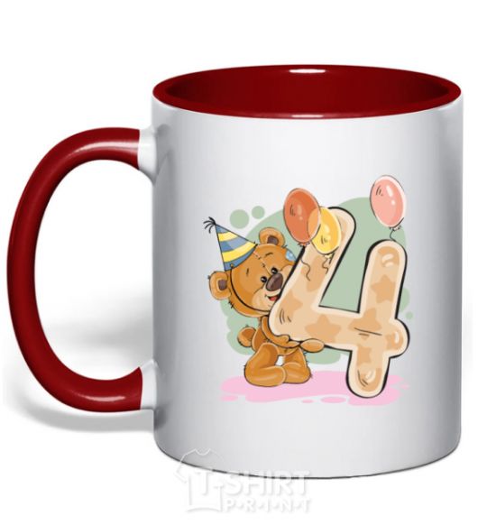 Mug with a colored handle 4 year old teddy bear red фото