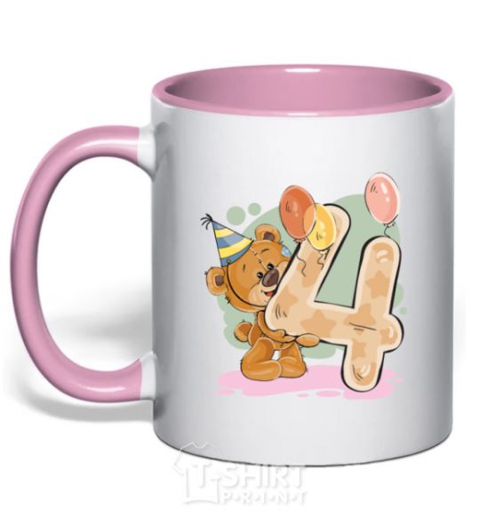 Mug with a colored handle 4 year old teddy bear light-pink фото