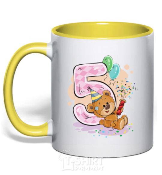 Mug with a colored handle 5 year old teddy bear yellow фото