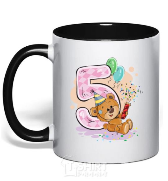 Mug with a colored handle 5 year old teddy bear black фото