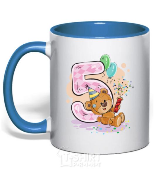 Mug with a colored handle 5 year old teddy bear royal-blue фото