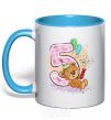 Mug with a colored handle 5 year old teddy bear sky-blue фото