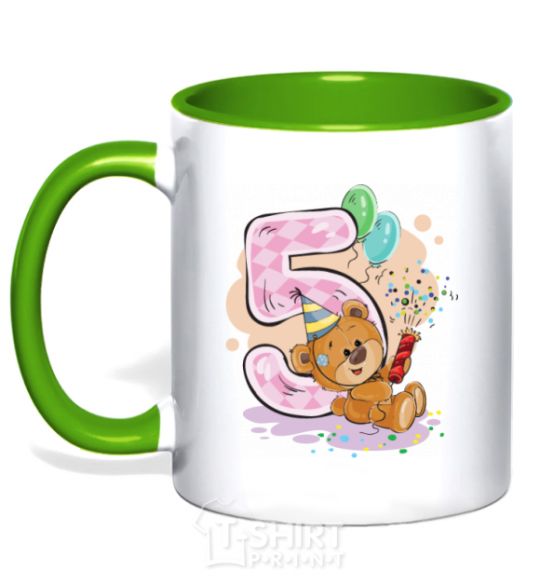 Mug with a colored handle 5 year old teddy bear kelly-green фото