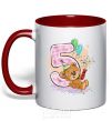 Mug with a colored handle 5 year old teddy bear red фото