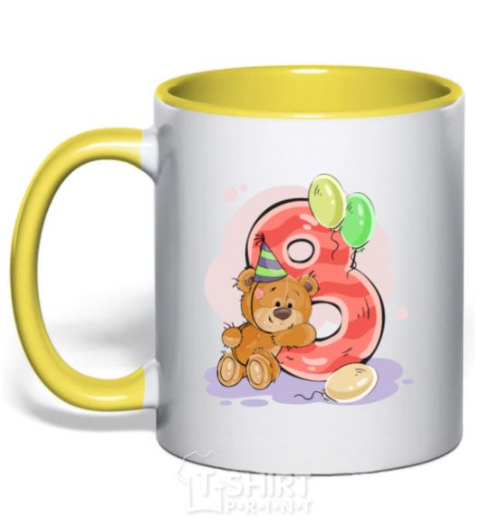 Mug with a colored handle 8 year old teddy bear yellow фото