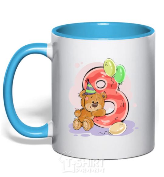 Mug with a colored handle 8 year old teddy bear sky-blue фото