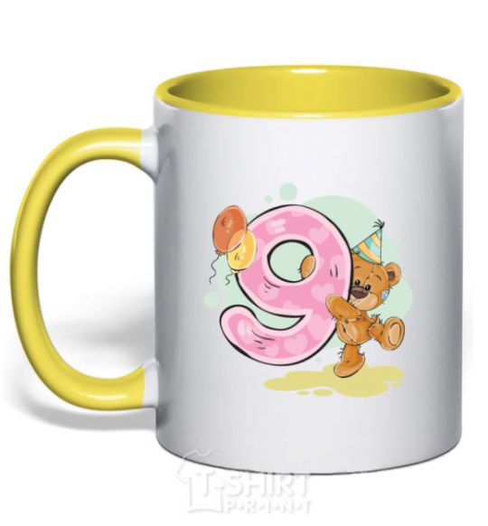 Mug with a colored handle 9 year old teddy bear yellow фото