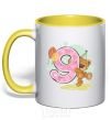 Mug with a colored handle 9 year old teddy bear yellow фото