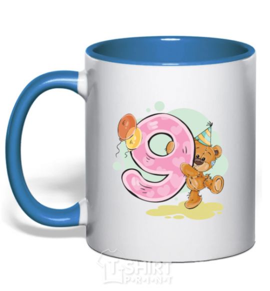 Mug with a colored handle 9 year old teddy bear royal-blue фото