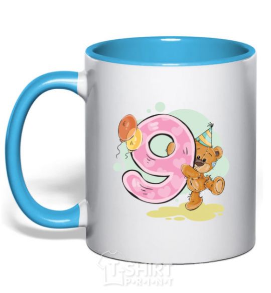 Mug with a colored handle 9 year old teddy bear sky-blue фото