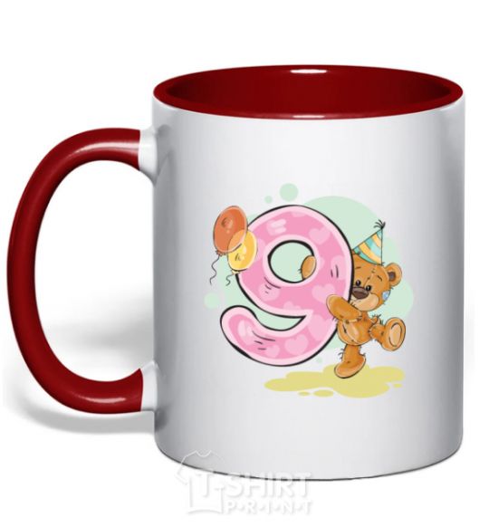 Mug with a colored handle 9 year old teddy bear red фото