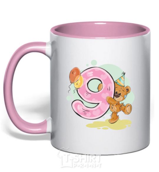 Mug with a colored handle 9 year old teddy bear light-pink фото