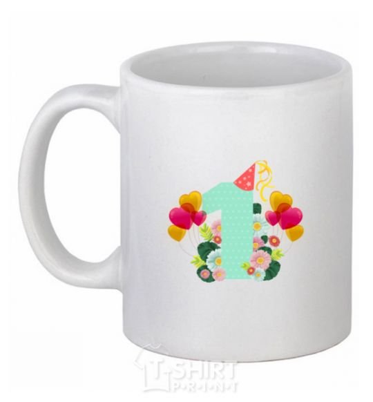 Ceramic mug 1 year old balloons White фото