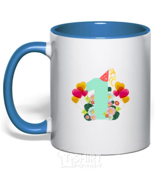 Mug with a colored handle 1 year old balloons royal-blue фото
