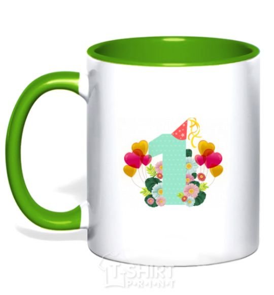 Mug with a colored handle 1 year old balloons kelly-green фото