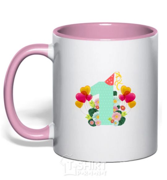 Mug with a colored handle 1 year old balloons light-pink фото