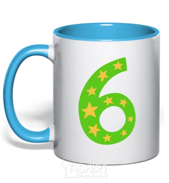 Mug with a colored handle 6 years stars sky-blue фото