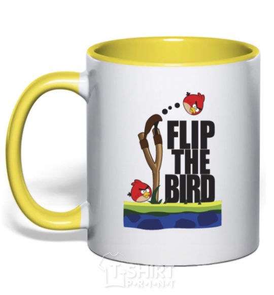 Mug with a colored handle Flip the bird yellow фото