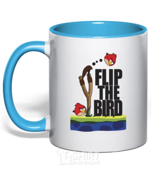 Mug with a colored handle Flip the bird sky-blue фото