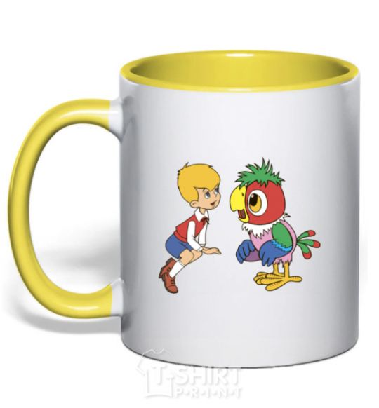 Mug with a colored handle Kesha the parrot yellow фото
