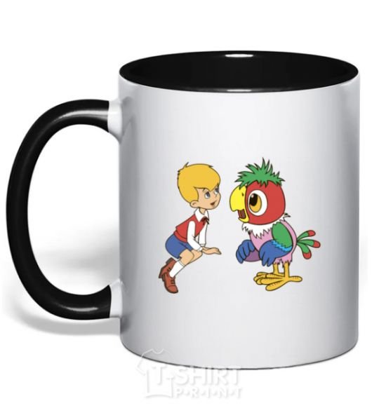 Mug with a colored handle Kesha the parrot black фото