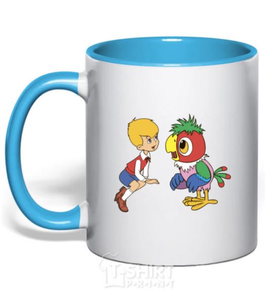 Mug with a colored handle Kesha the parrot sky-blue фото