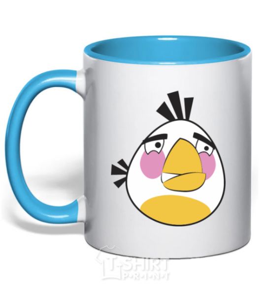 Mug with a colored handle Angry White sky-blue фото