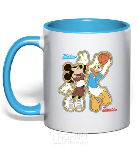 Mug with a colored handle Mickey VS Donald sky-blue фото
