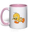Mug with a colored handle Shocked Tweety light-pink фото