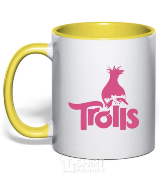 Mug with a colored handle Trolls yellow фото