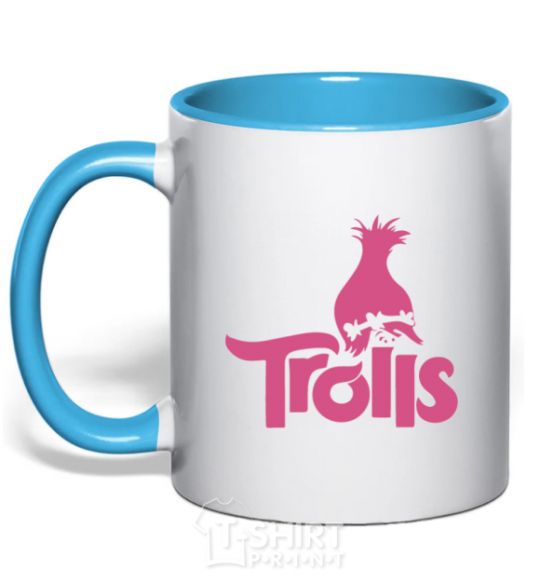 Mug with a colored handle Trolls sky-blue фото