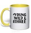 Mug with a colored handle Young wild and three yellow фото