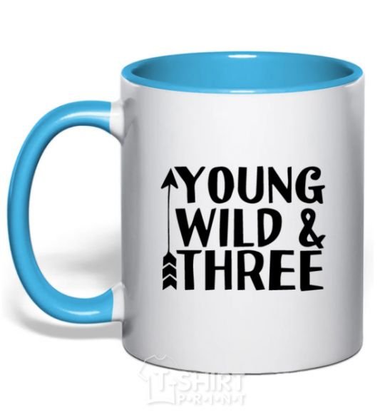Mug with a colored handle Young wild and three sky-blue фото