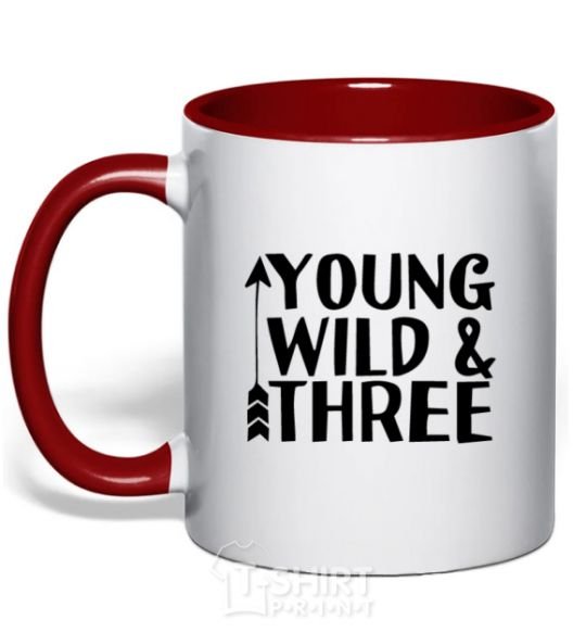 Mug with a colored handle Young wild and three red фото