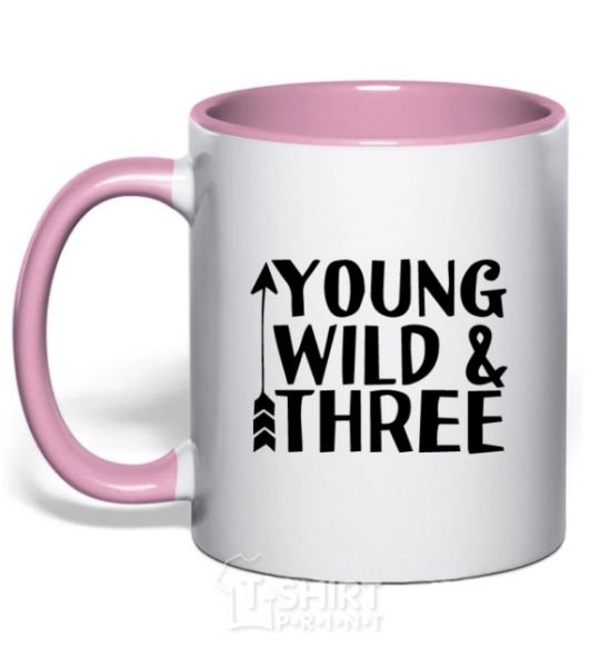 Mug with a colored handle Young wild and three light-pink фото