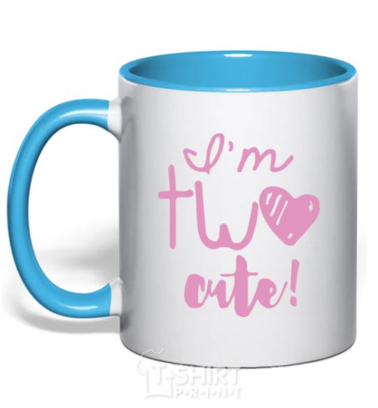 Mug with a colored handle I am two cute inscriptions sky-blue фото