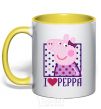 Mug with a colored handle I love Peppa yellow фото