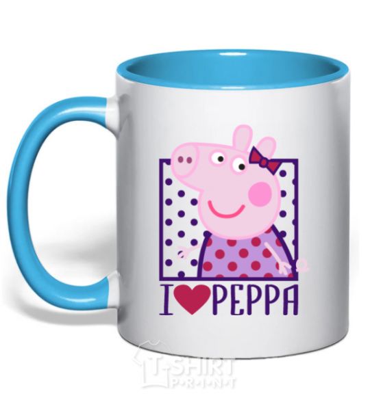 Mug with a colored handle I love Peppa sky-blue фото