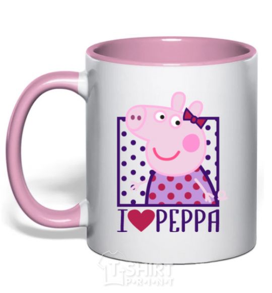 Mug with a colored handle I love Peppa light-pink фото