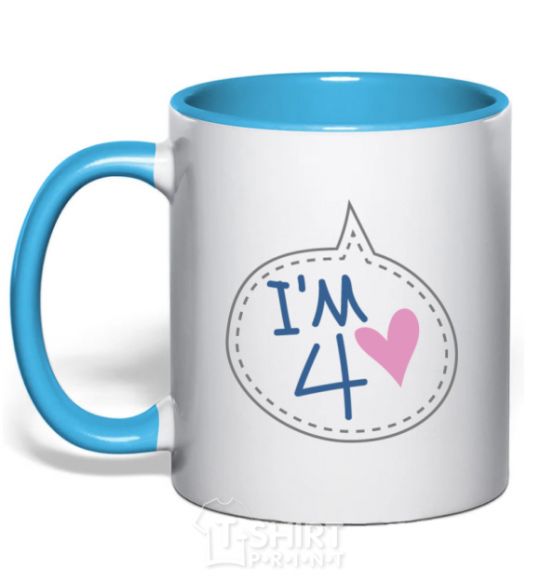 Mug with a colored handle I am four sky-blue фото