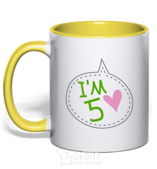 Mug with a colored handle I am five yellow фото