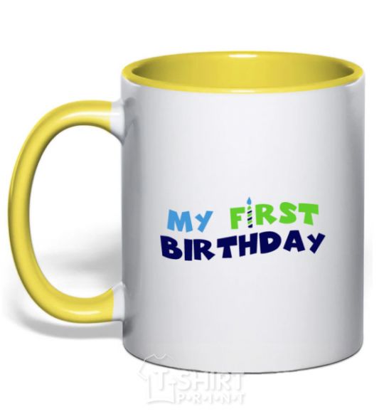 Mug with a colored handle My first birthday yellow фото